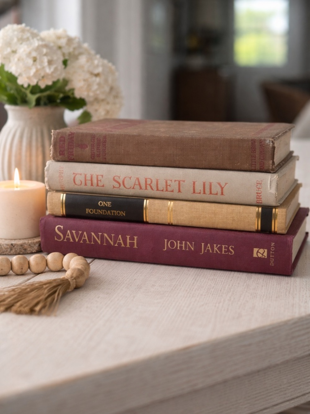 Vintage Neutral Book Stack | Burgundy & Tan Decor | Coffee Table Styling Set